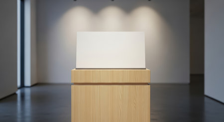 Minimalist art gallery display with blank canvas on wooden standの素材