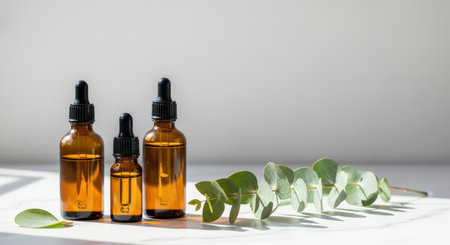 Amber dropper bottles with eucalyptus leaves in natural light settingの素材