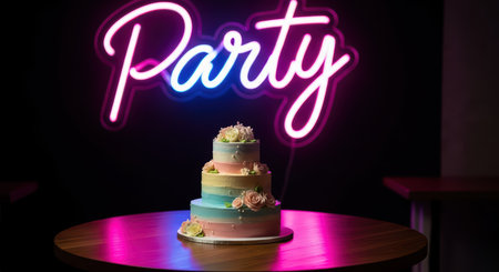 Vibrant multicolored cake at neon-lit party venueの素材