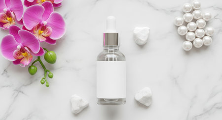 Luxury skincare serum with droppers, orchids, and pearls on marble backgroundの素材