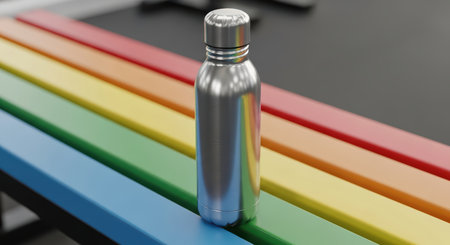 Stainless steel water bottle on colorful rainbow bench in gymの素材