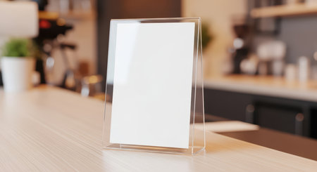 Blank menu display stand on wooden table in modern cafe interiorの素材
