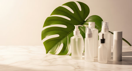 Minimalist skincare bottles on marble with monstera leaf in natural lightの素材