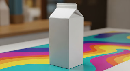 Minimalist white milk carton on colorful swirl background in kitchenの素材