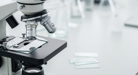 Close-up of a microscope in a modern laboratory settingの素材