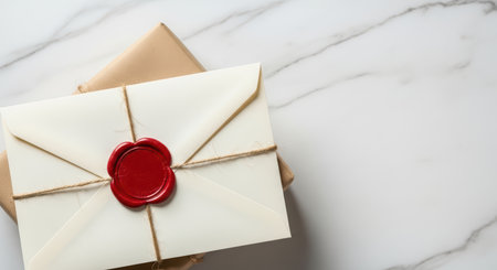 Elegant sealed envelopes with red wax on marble backgroundの素材