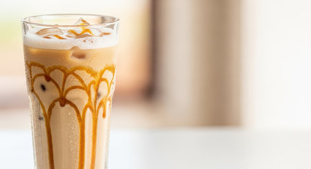 Iced caramel macchiato in tall glass with creamy foam and caramel drizzleの素材