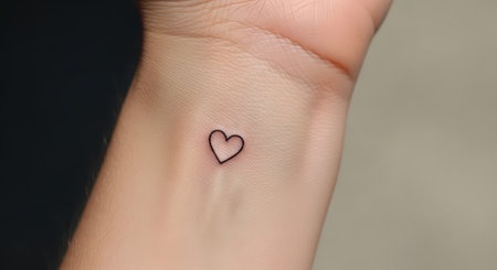 Simple heart tattoo on wrist of young caucasian female hand close-upの素材