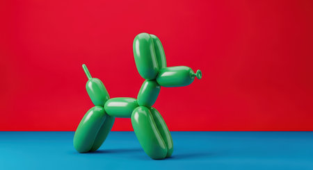Green balloon dog sculpture on vibrant red and blue backgroundの素材