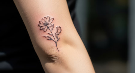 Minimalist floral tattoo on female's arm with delicate line artの素材