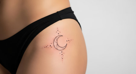 Crescent moon tattoo on female hip with dotted star patternの素材