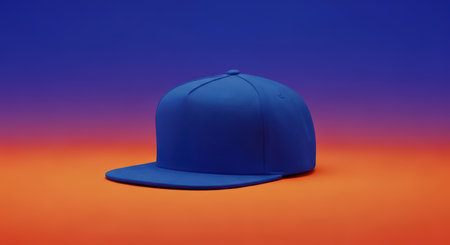 Blue snapback hat on vibrant orange and purple backgroundの素材