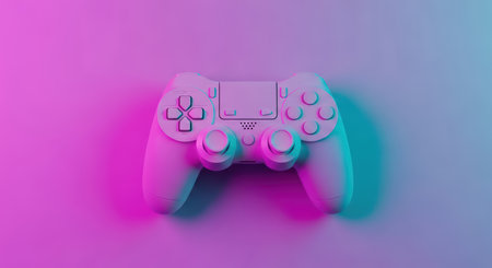 Monochrome retro gaming controller with pink and blue neon lightingの素材