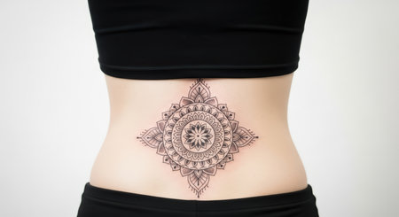 Mandala tattoo on caucasian female's lower backの素材