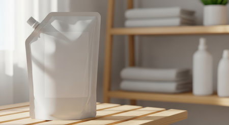 Blank reusable pouch on wooden table in sunlit bathroomの素材