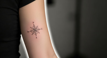 Compass tattoo on female arm featuring detailed designの素材