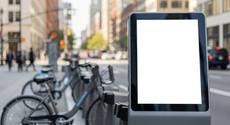 Urban street with bicycle docking station and blank digital kiosk in cityの素材
