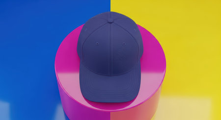 Blue cap on vibrant pink platform against colorful backgroundの素材