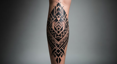 Tribal geometric tattoo on leg showcasing complex patternsの素材