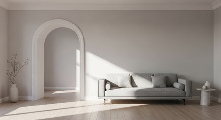 Minimalist living room with gray sofa and archway in natural lightの素材