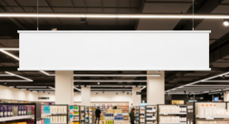 Blank hanging sign in modern retail supermarket aisleの素材