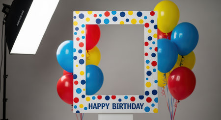 Colorful birthday photo booth frame with balloons in celebration setupの素材