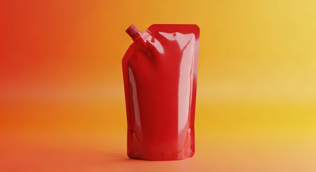 Red reusable packaging pouch with spout on gradient orange and yellow backgroundの素材