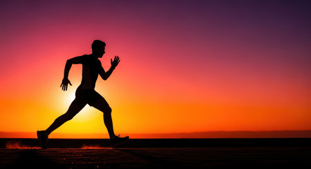 Silhouette of young caucasian male running at sunsetの素材