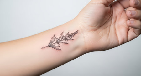 Delicate leaf tattoo on female forearm with minimalist designの素材