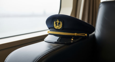 Navy captain hat on leather seat by window on boat or shipの素材