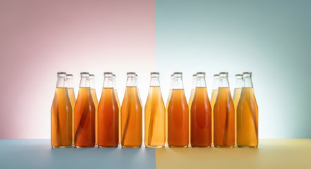 Row of bottled iced tea on colorful backgroundsの素材