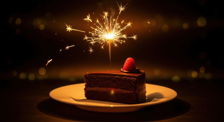 Chocolate cake slice with sparkler and raspberry garnish on white plateの素材