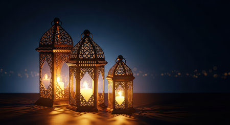 Ornate lanterns glowing in the dark with soft candlelightの素材