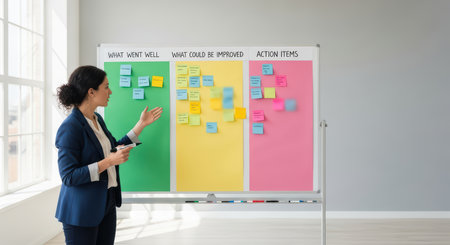 Caucasian female professional leading business strategy meeting with post-its on whiteboardの素材
