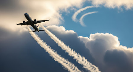 Passenger airplane leaving contrails against dramatic cloudy skyの素材