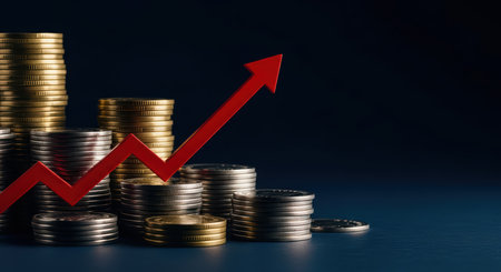 Rising economic growth with stacked coins and upward arrowの素材