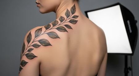 Female adult with leaf tattoo design on upper back in studio settingの素材