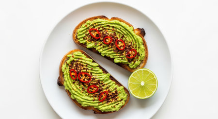 Avocado toast with chili and lime on white plateの素材