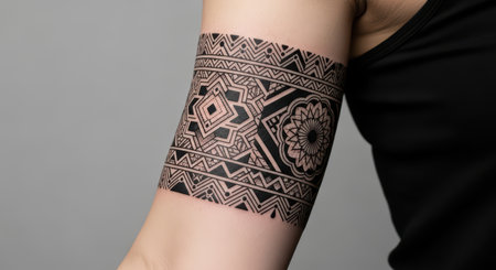 Intricate geometric tattoo design on caucasian female arm in black inkの素材