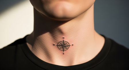 Compass tattoo on male neck featuring detailed designの素材