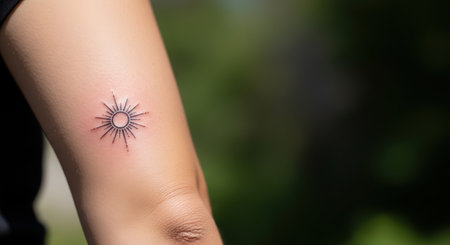 Minimalist sun tattoo on arm of young caucasian femaleの素材