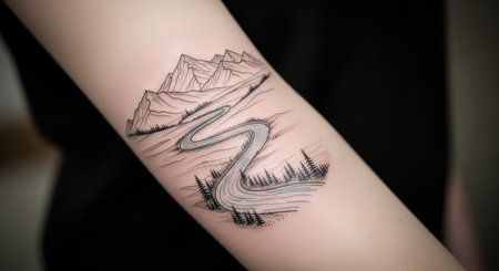Nature landscape tattoo on arm depicting mountains, forest, and riverの素材