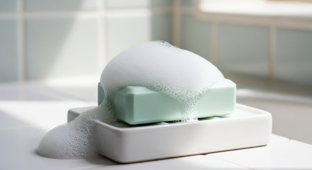 Mint green soap bar with foamy bubbles on white soap dish in sunlit bathroomの素材
