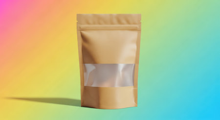 Kraft stand-up pouch with clear window on rainbow gradient backgroundの素材