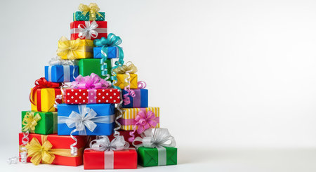 Colorful pile of wrapped gifts with bows on white backgroundの素材