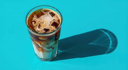 Cold iced coffee with milk swirls in tall glass on vibrant blue backgroundの素材
