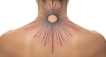 Geometric sunburst tattoo on caucasian female with radiating linesの素材