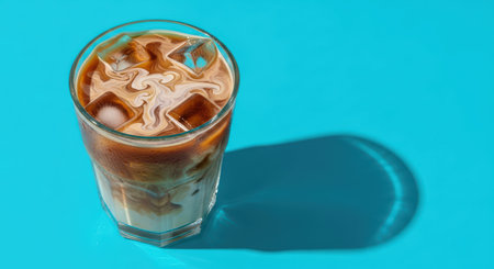 Refreshing iced coffee with swirled milk on bright blue backgroundの素材