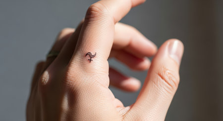 Minimalist tiny tattoo on caucasian female young adult's fingerの素材