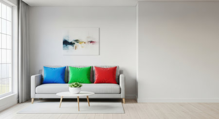 Modern living room with grey sofa and colorful pillows in minimalist designの素材